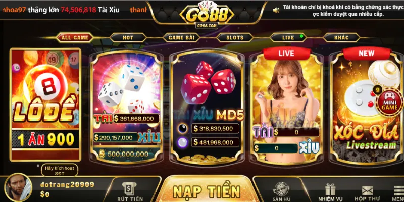 Giao diện cổng game đổi thưởng Go88 đẹp mắt